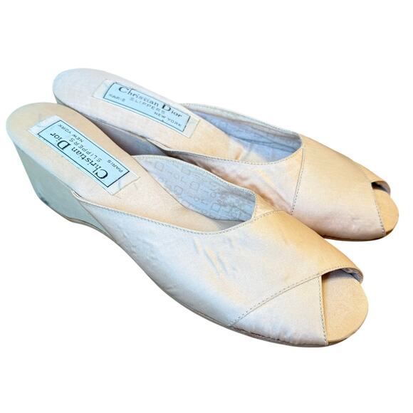 Christian Dior Slippers VTG Satin Wedge Heel Shoe Ballet Pink Women’s Size 8 - Picture 1 of 12